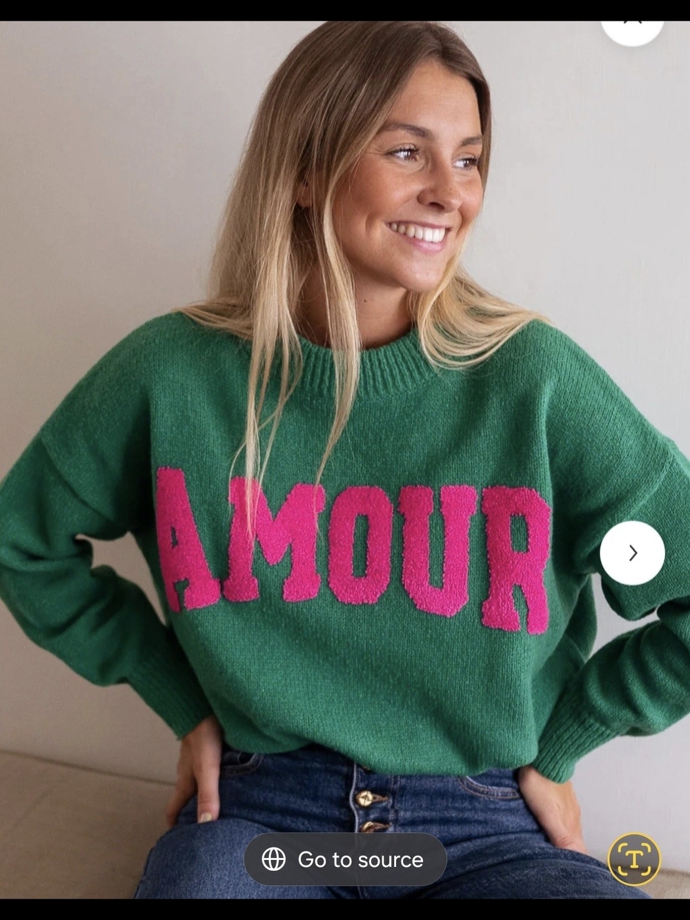 Jubylee Green Knit Sweater with Pink Chenille 'AMOUR'